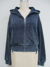 Washed Knit Denim Hoodie Zip Up Jacket - Denim Blue