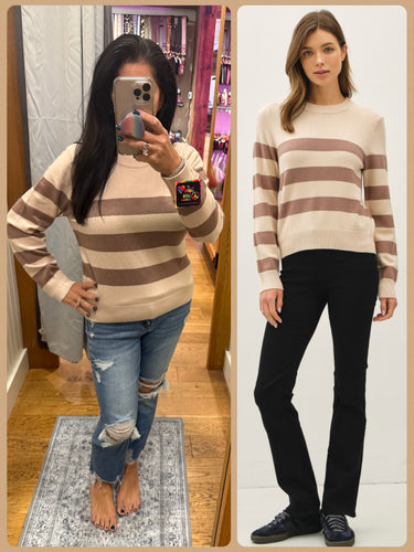 Cropped Long Sleeve Large Stripe Sweater - Taupe/Mocha