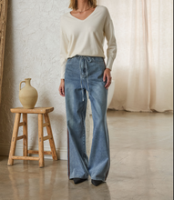 Washed Denim Pants With Tie And Brown Side Trim