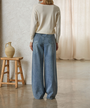 Washed Denim Pants With Tie And Brown Side Trim