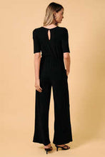V Neck Elbow Sleeve Surplice Wrap Bodice Wide Leg Jumpsuit - Black
