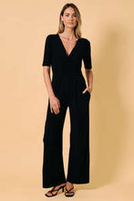 V Neck Elbow Sleeve Surplice Wrap Bodice Wide Leg Jumpsuit - Black