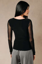 Asymmetric cowl neck long sleeve mesh contrast top - black