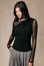 Asymmetric cowl neck long sleeve mesh contrast top - black