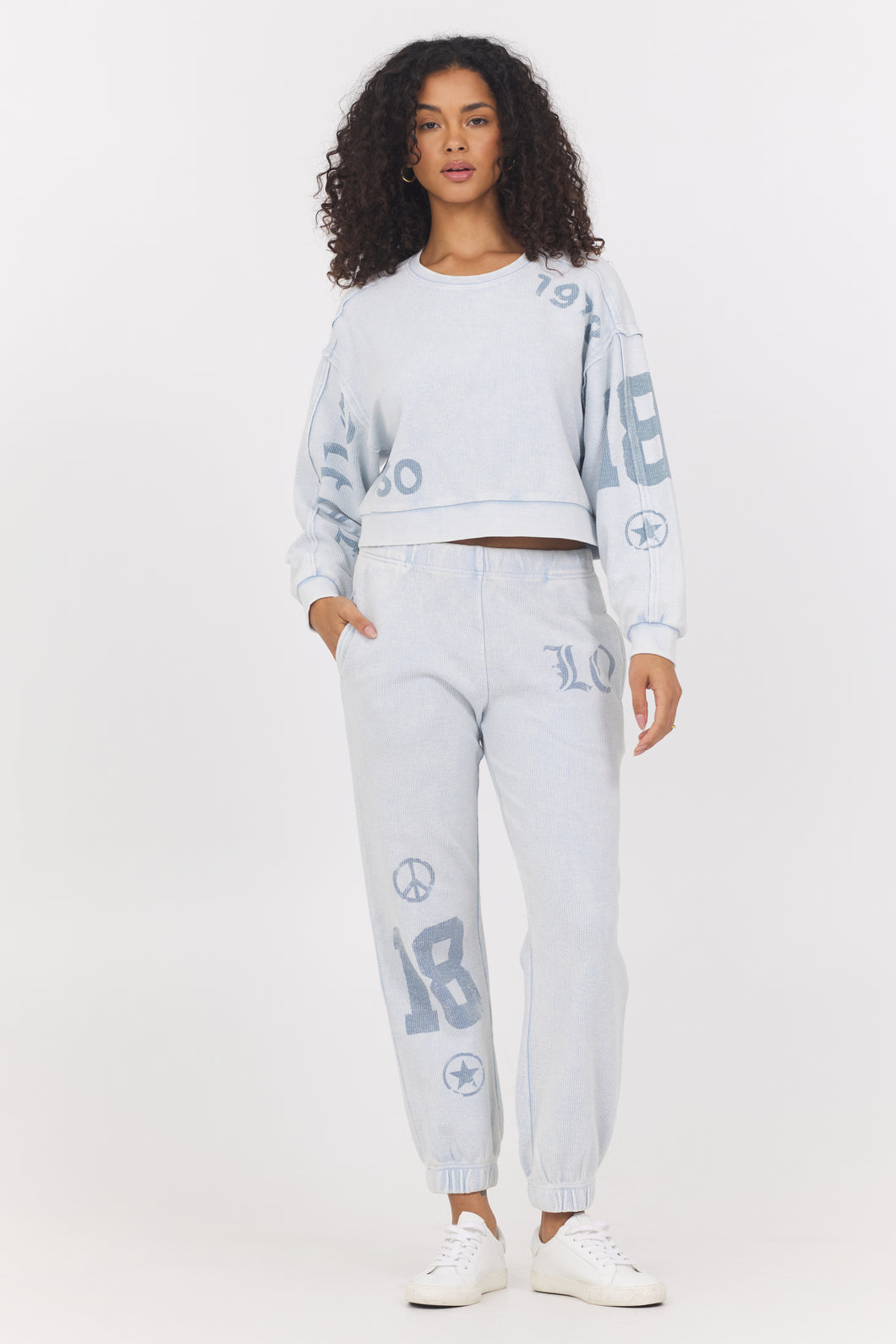 Vintage Havana Washed Light Blue W Denim Print Rib Jogger