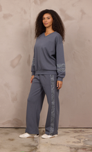 Vintage Havana Washed Charcoal Fleece Wide Leg Pant W/ Leopard Trim