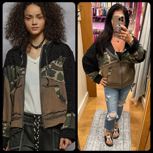 POL Camo print hooded jacket in quilted knit with drawstring - Olive/Charcoal