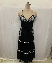 V Neck Tie Back Embroidered Midi Dress With Pockets - Black/Ivory