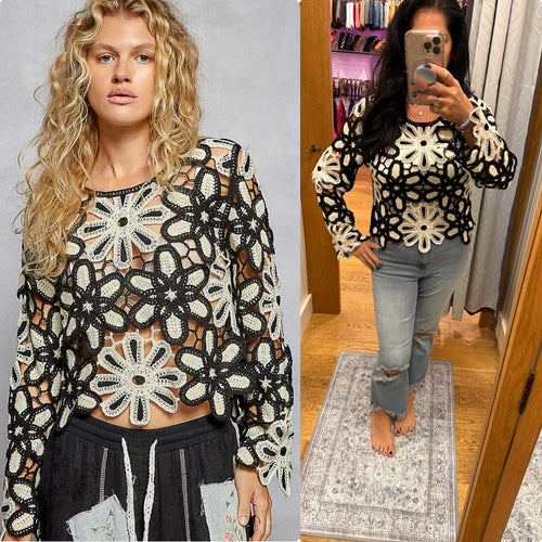 POL Designed in round neck long sleeve regular fit top in crochet with various floral weave knit patterns - Black/Beige