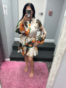 Flower Paint Mini Dress - Orange/Olive
