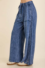 Mineral Washed Solid Wide Leg Pants With A Cute Open Slit - Navy