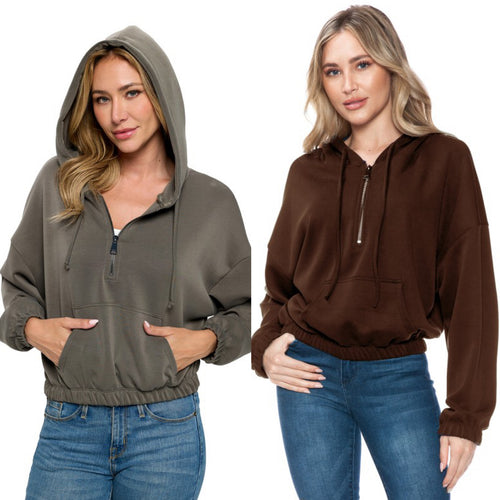 Ariella Cropped L/s Hoodie W/ Zipper - Brown or Olive