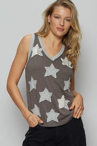 POL V-neck sleeveless front star patches solid top - Off White,Charcoal or Cream