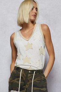 POL V-neck sleeveless front star patches solid top - Off White,Charcoal or Cream