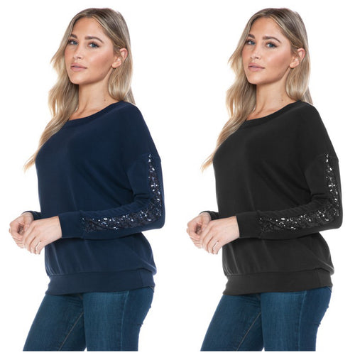 Ariella Top With Sleeve Sequin Detail - Black or Navy