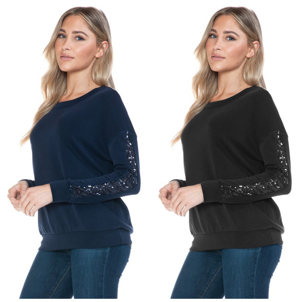 Ariella Top With Sleeve Sequin Detail - Black or Navy