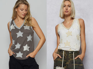 POL V-neck sleeveless front star patches solid top - Off White,Charcoal or Cream