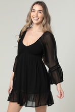 Sheer Long Sleeve Crochet Trim V Neck Dress - Black