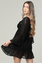 Sheer Long Sleeve Crochet Trim V Neck Dress - Black