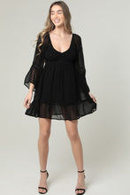 Sheer Long Sleeve Crochet Trim V Neck Dress - Black