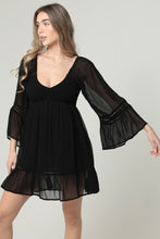 Sheer Long Sleeve Crochet Trim V Neck Dress - Black