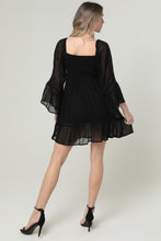Sheer Long Sleeve Crochet Trim V Neck Dress - Black