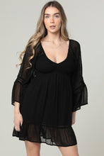 Sheer Long Sleeve Crochet Trim V Neck Dress - Black