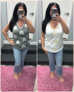 POL V-neck sleeveless front star patches solid top - Off White,Charcoal or Cream