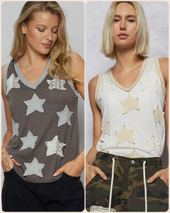 POL V-neck sleeveless front star patches solid top - Off White,Charcoal or Cream