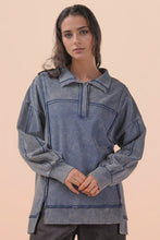 Half Button Down Oversized Contrast Knit Top - Black, Denim or Mocha