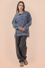 Half Button Down Oversized Contrast Knit Top - Black, Denim or Mocha