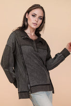 Half Button Down Oversized Contrast Knit Top - Black, Denim or Mocha