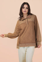 Half Button Down Oversized Contrast Knit Top - Black, Denim or Mocha