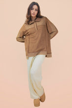 Half Button Down Oversized Contrast Knit Top - Black, Denim or Mocha