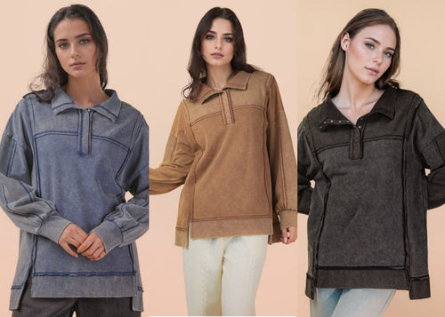 Half Button Down Oversized Contrast Knit Top - Black, Denim or Mocha