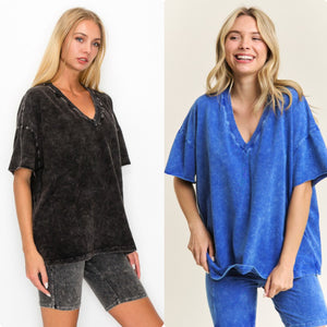 Mineral Wash V Neck Basic T - Ashed Black or Cobalt