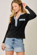 Denim Mixed Henley Top - Washed Black