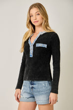 Denim Mixed Henley Top - Washed Black