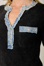 Denim Mixed Henley Top - Washed Black