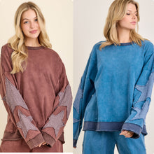 Mineral Washed Double Waffle Star Patch Top - Slate Blue or Hot Cocoa