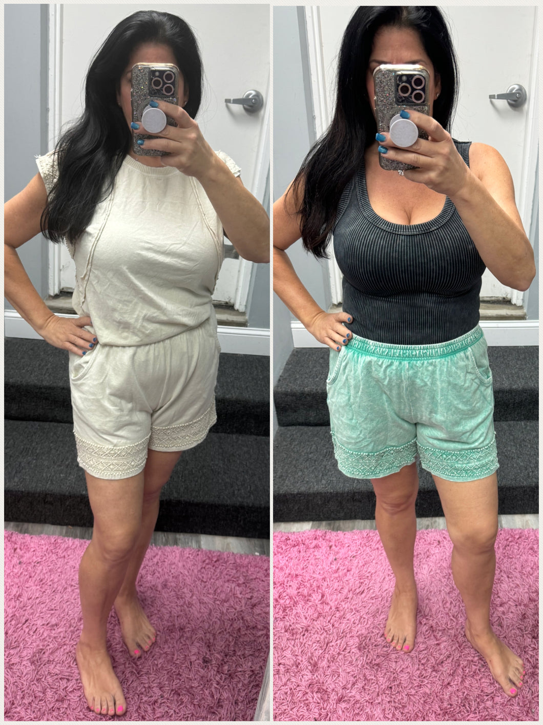 Mineral Washed Lace Trim Shorts - Natural or Cyan