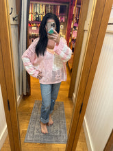 POL long sleeve relaxed fit thin sweater top in airy cotton with twisted weave, color blocked stripe pattern, see through weave, back patch point, rib band detail - Beige, Sky Blue or Soft Pink