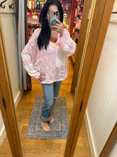 POL long sleeve relaxed fit thin sweater top in airy cotton with twisted weave, color blocked stripe pattern, see through weave, back patch point, rib band detail - Beige, Sky Blue or Soft Pink