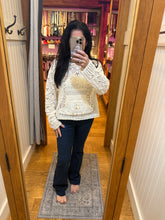 POL long sleeve regular fit hoodie sweater top in chenille with crochet patch, rib hood band, see through weave, solid color - Natural