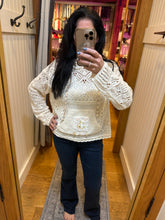 POL long sleeve regular fit hoodie sweater top in chenille with crochet patch, rib hood band, see through weave, solid color - Natural