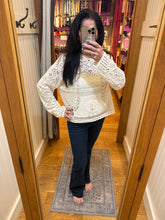 POL long sleeve regular fit hoodie sweater top in chenille with crochet patch, rib hood band, see through weave, solid color - Natural