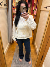 POL long sleeve regular fit hoodie sweater top in chenille with crochet patch, rib hood band, see through weave, solid color - Natural