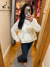 POL long sleeve regular fit hoodie sweater top in chenille with crochet patch, rib hood band, see through weave, solid color - Natural