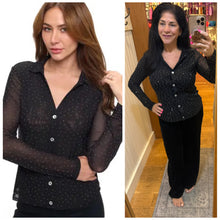 Ariella Collared Mesh Button Down With Rhinestone Detail