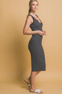 Striped Knit Bodycon Midi Dress - Beige or Black